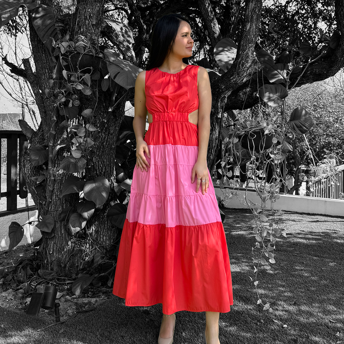Vestido midi rojo y rosa