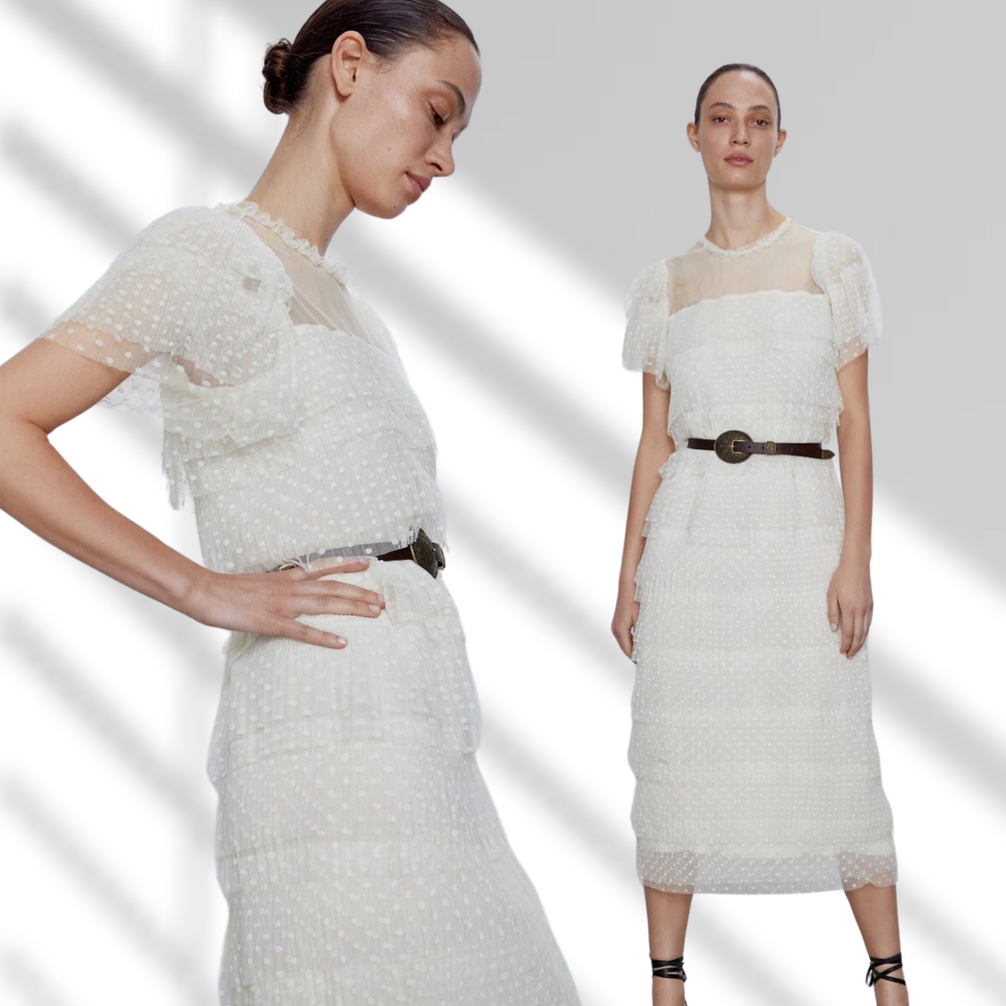 Vestido midi rómántico beige