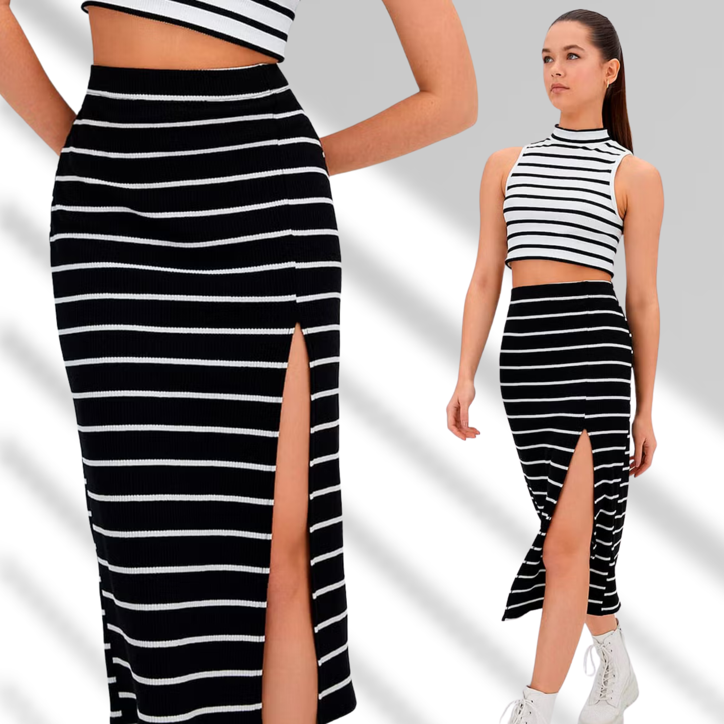 Falda midi de tejido a rayas