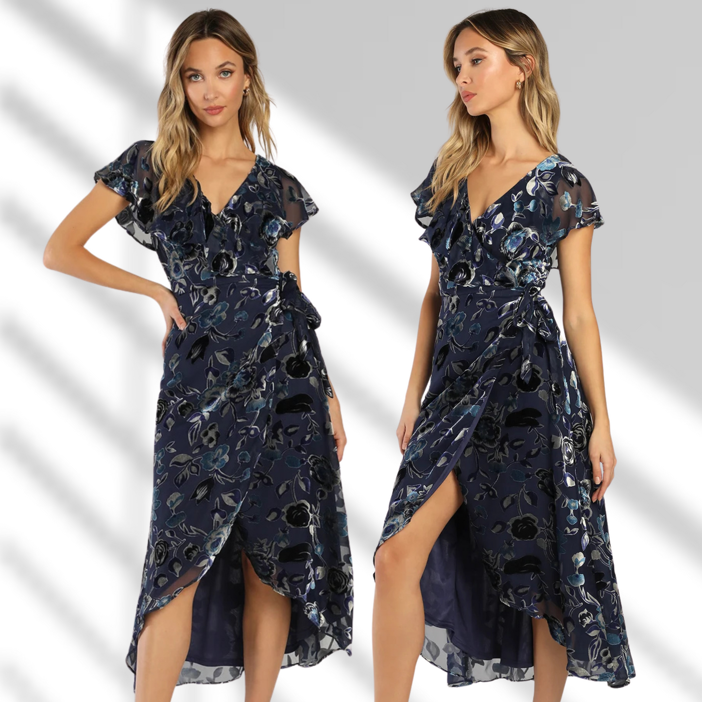 Vestido midi envolvente con detalles en terciopelo
