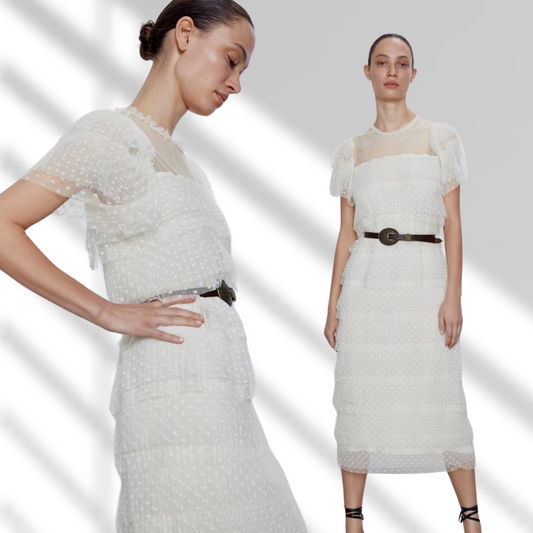 Vestido midi rómántico beige