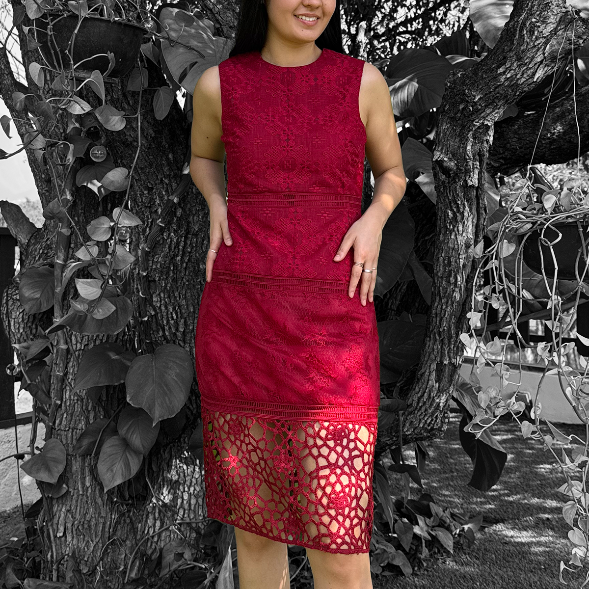 Vestido midi encaje rojo oscuro